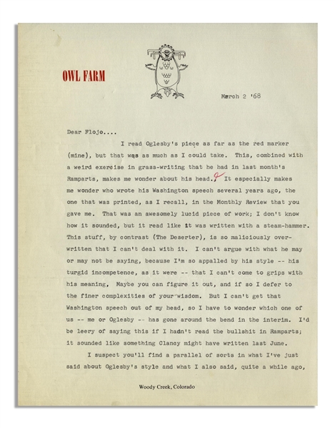 Hunter S. Thompson Letter Signed, With Literary Critique & Mention of the 1968 Democratic Convention -- ''...As for Chicago, I plan to be there...It may be the end of the world as we know it...''